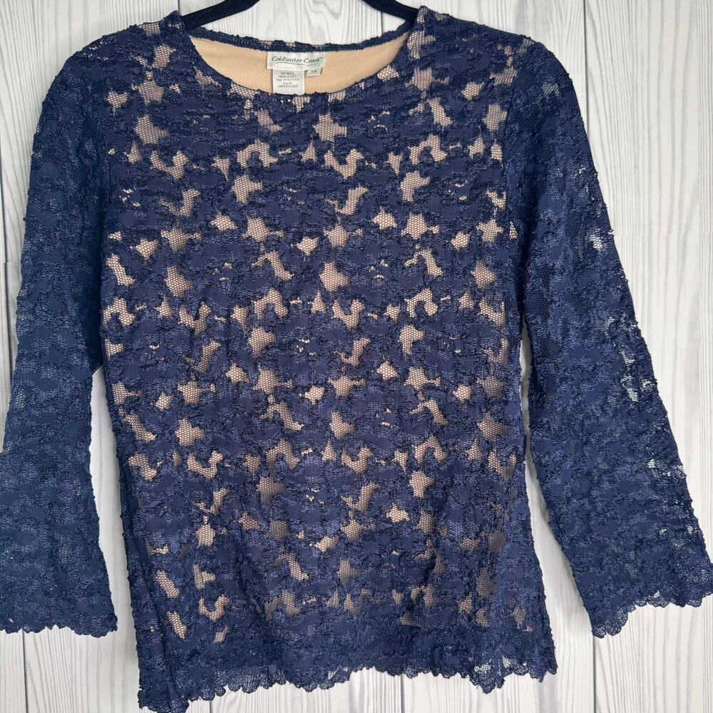 Coldwater Creek Top Womens Sheer Blue Laced XS Scalloped Dressy Blouse Coquette